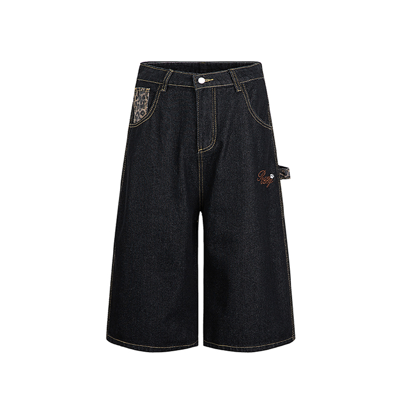 Men'S Fashion Trousers - Leopard Print Splicing Denim Workwear Shorts