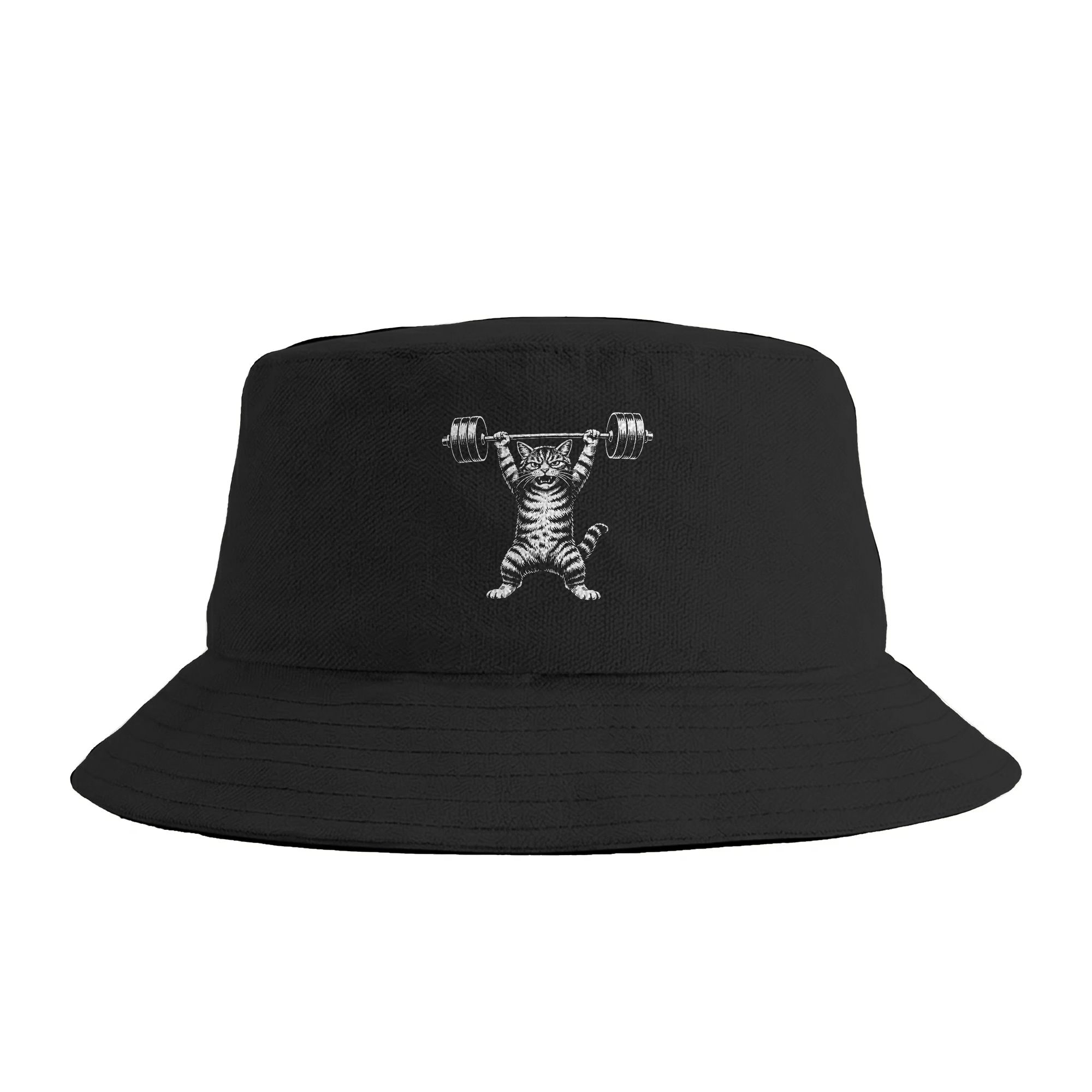 Mens Fashion Bucket Hat - Weight Lifting Cat Bucket Hat Hip